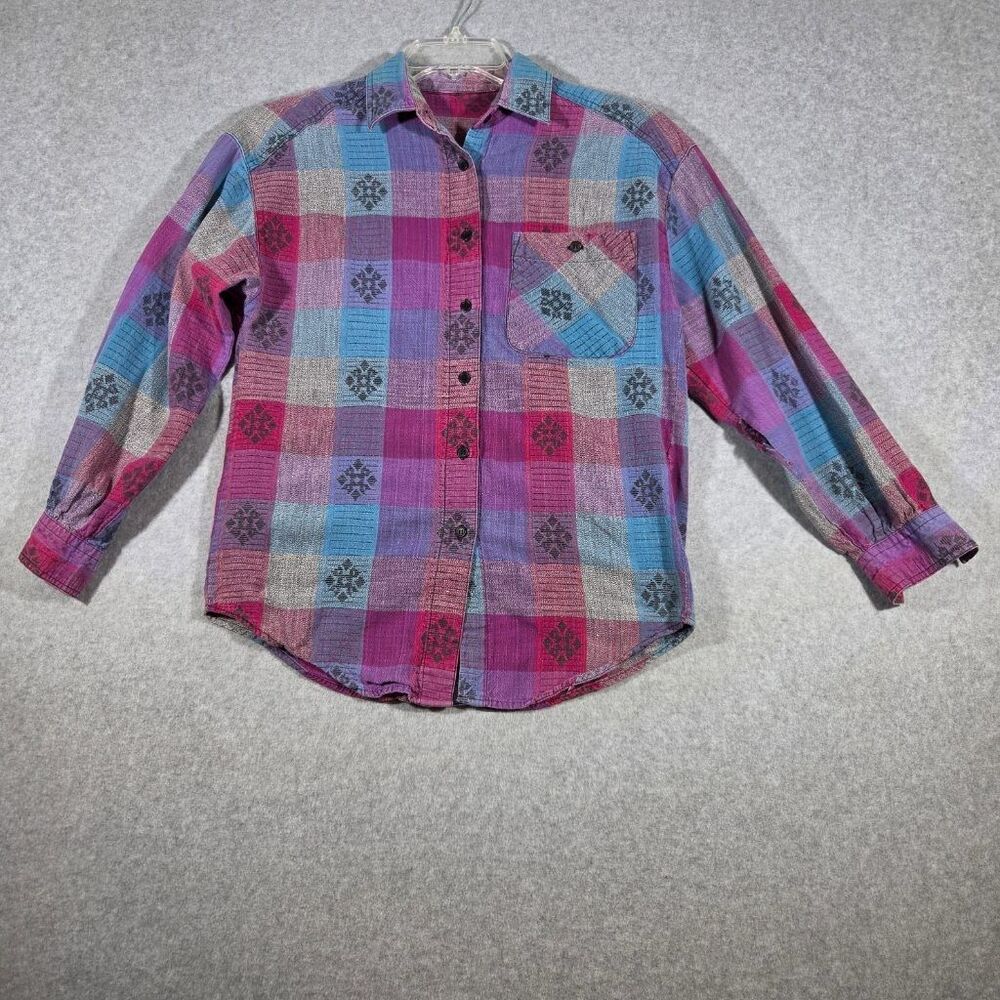 Vintage 80s 90s Southwest Aztec Plaid Flannel Shirt Womens Pink Purple Button Up